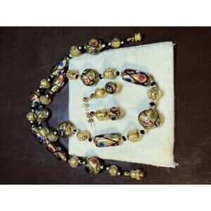 Vintage Style Gold Leaf Murano Glass Bead Necklace & Earring Set